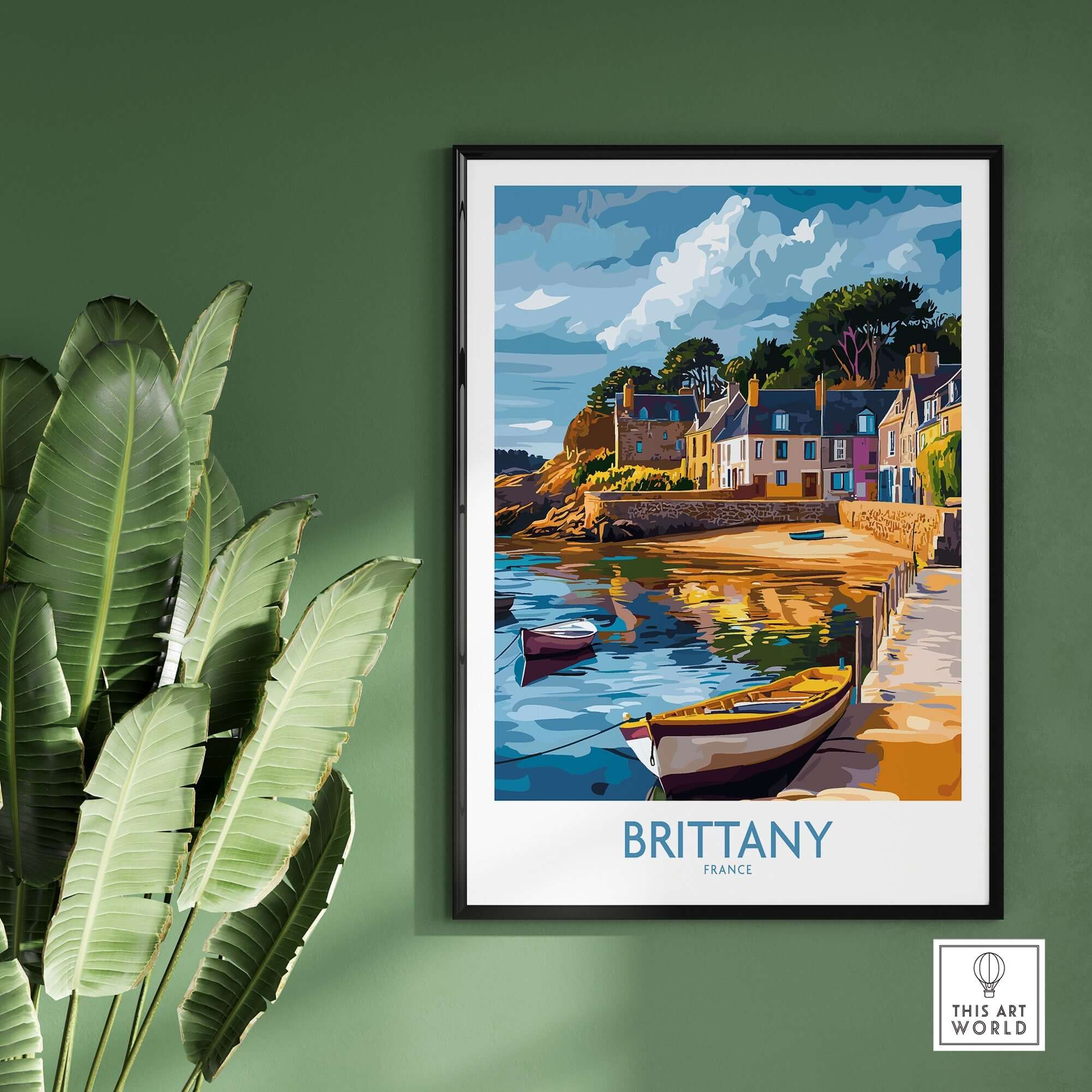 Brittany Wall Art Print showcasing vibrant coastal scenery with boats and colorful houses in France.