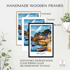 Brittany Wall Art Print displayed in natural, white, and black handmade wooden frames with clear perspex glaze.