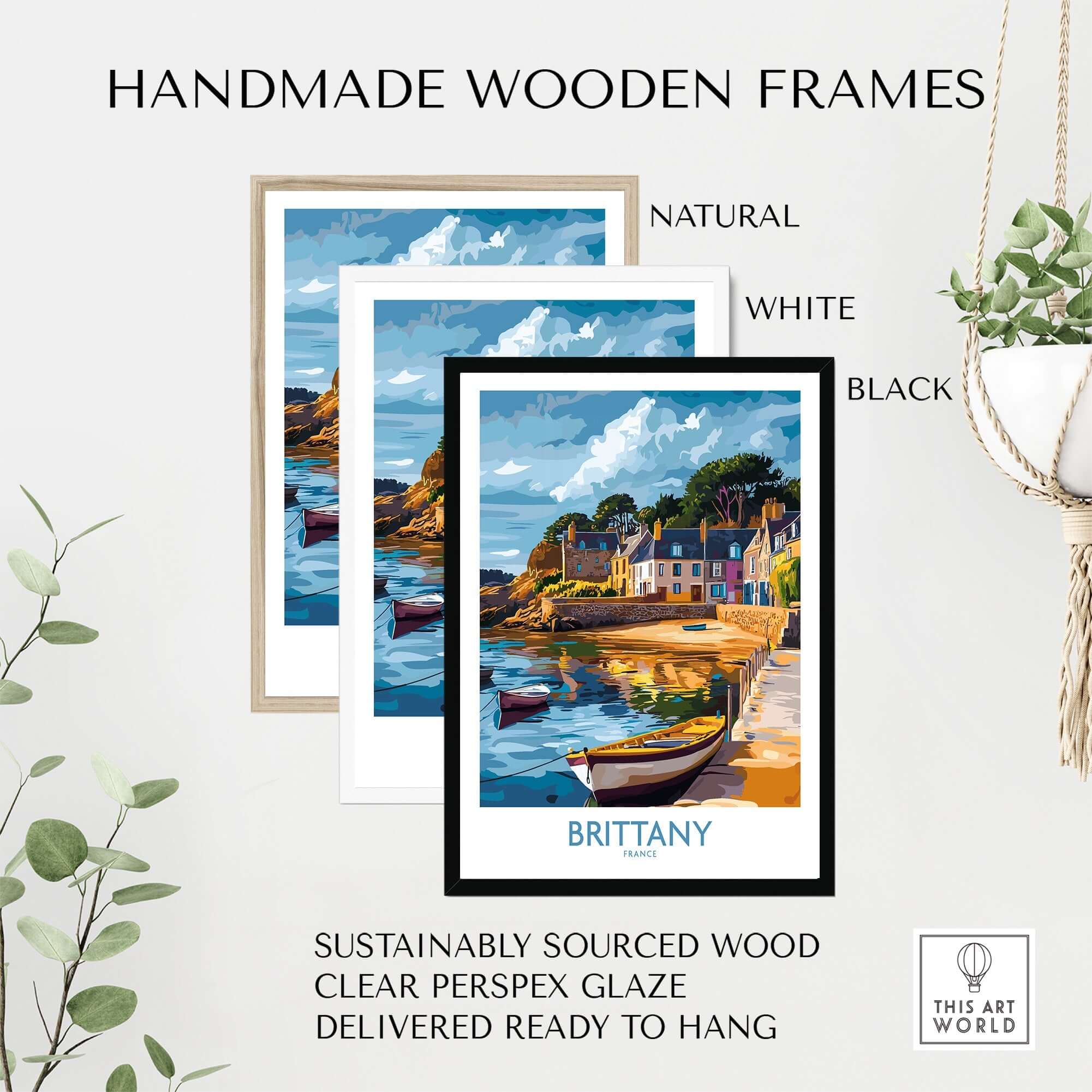 Brittany Wall Art Print displayed in natural, white, and black handmade wooden frames with clear perspex glaze.