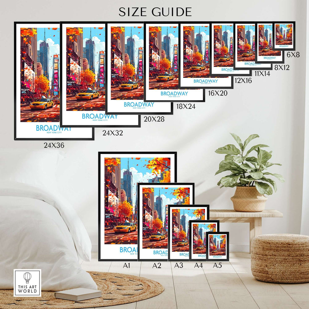 Broadway poster size guide featuring various dimensions for home decor display.