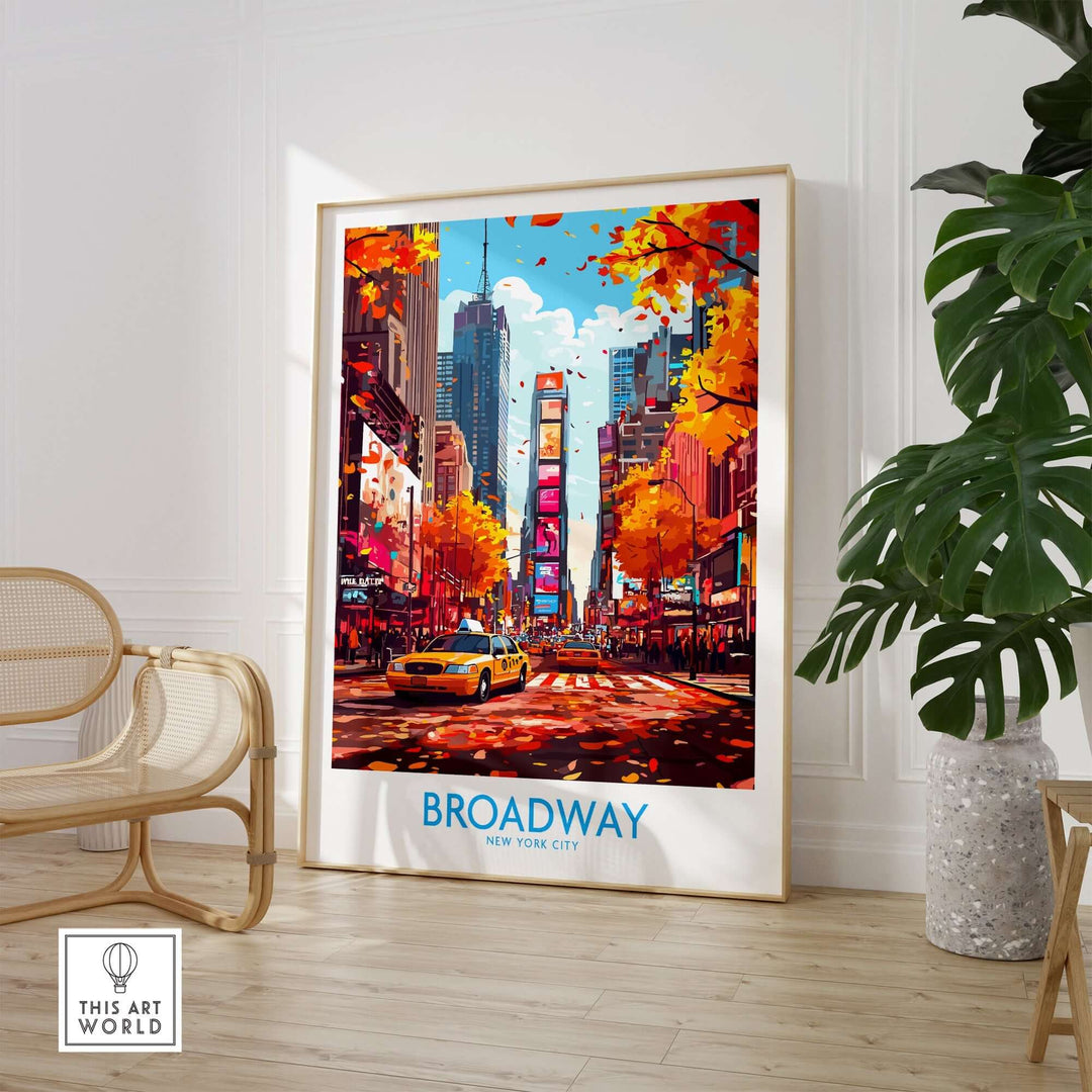 Vibrant Broadway poster depicting New York City with autumn colors and a yellow taxi. Perfect for home decor.