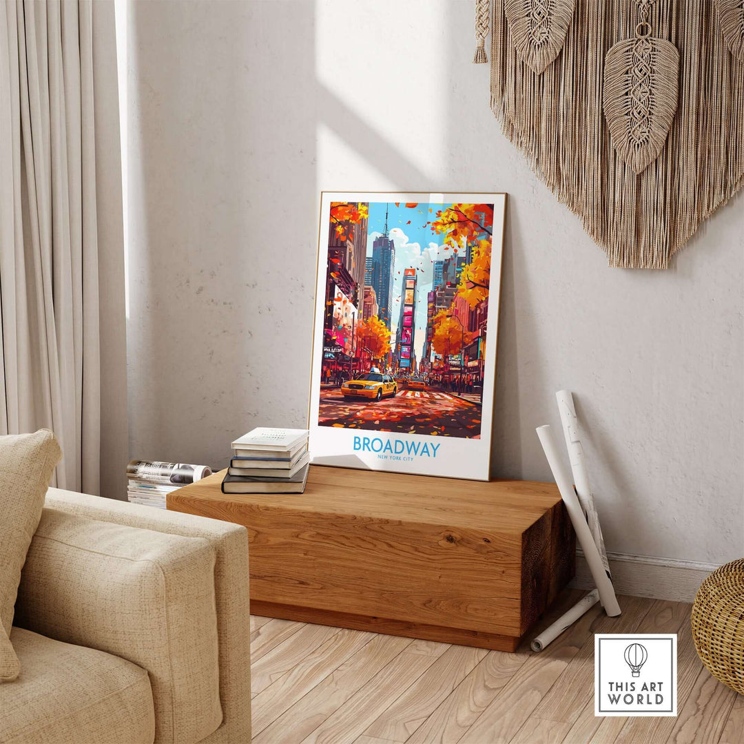 Vibrant Broadway poster showcasing a scenic New York street view in autumn, ideal for home decor.