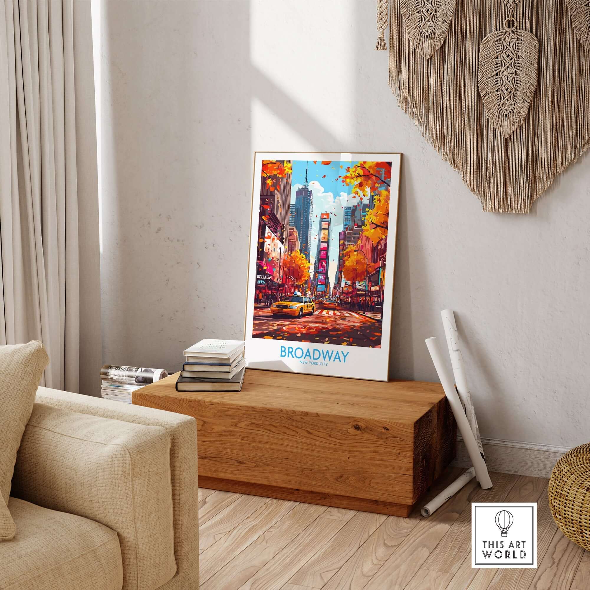 Broadway Poster New York displayed in a stylish living room showcasing urban artwork.