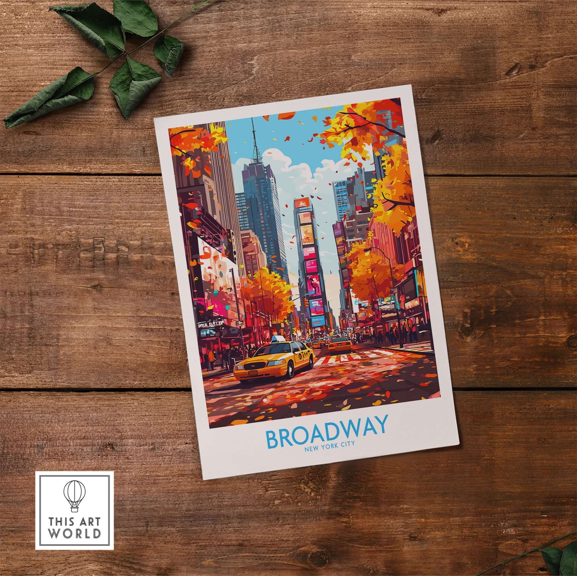 Broadway Poster New York featuring vibrant cityscape and autumn leaves in Times Square.