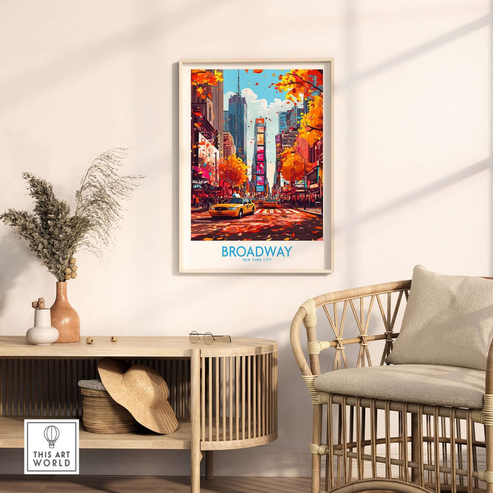 Broadway poster showcasing New York City streets in autumn, framed and displayed in a cozy home setting.