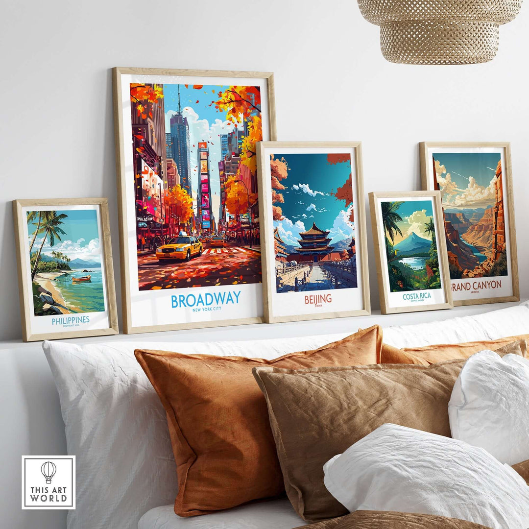 Colorful travel-themed posters including Broadway, Beijing, Costa Rica, and the Grand Canyon displayed in a stylish living room.