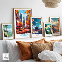 Broadway Poster New York displayed among other travel posters in a stylish home decor setting.