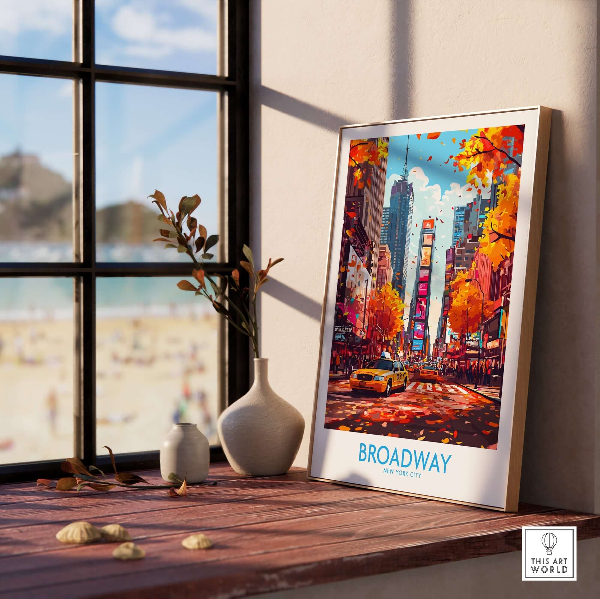 Broadway Poster New York displayed on a windowsill, capturing the essence of NYC with vibrant autumn colors.