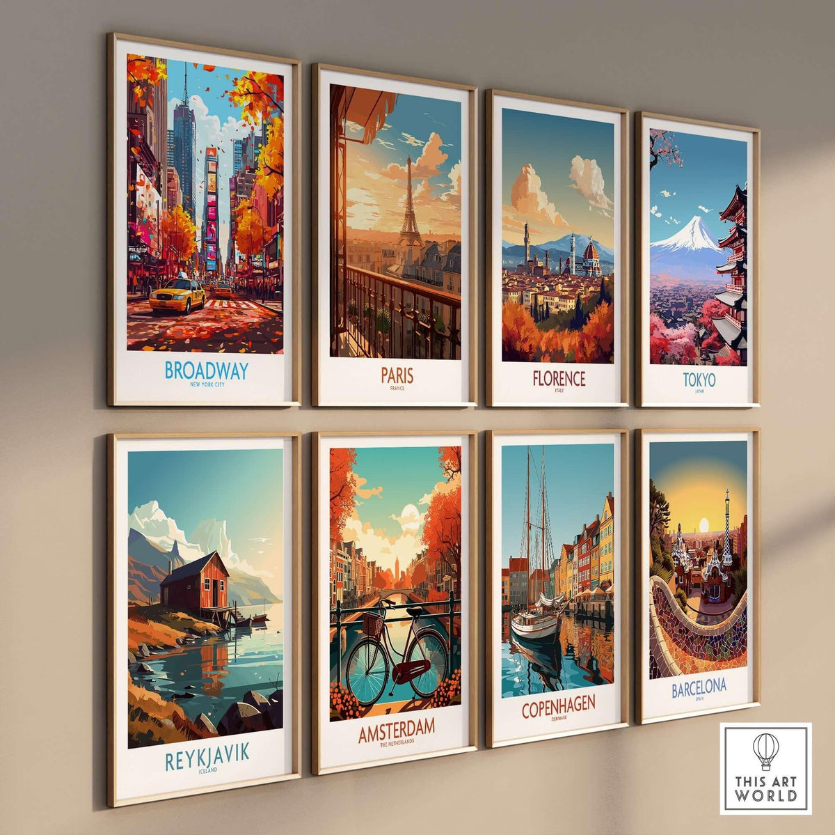 Collection of vibrant travel posters including Broadway, Paris, Florence, and Tokyo on a wall