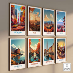 Collection of vibrant travel posters including Broadway, Paris, Florence, and Tokyo on a wall