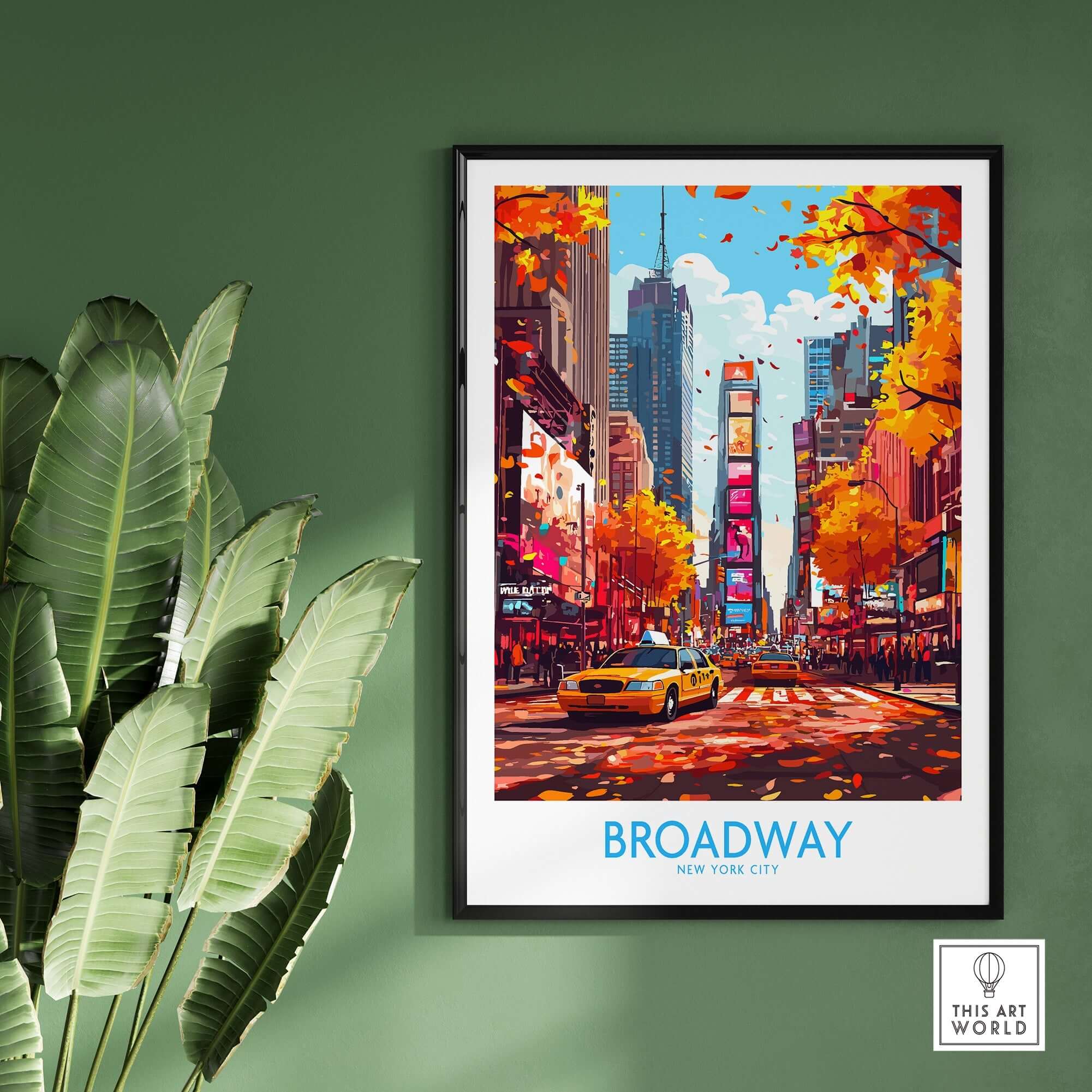 Broadway Poster New York featuring vibrant Times Square scene with yellow taxi and autumn leaves.