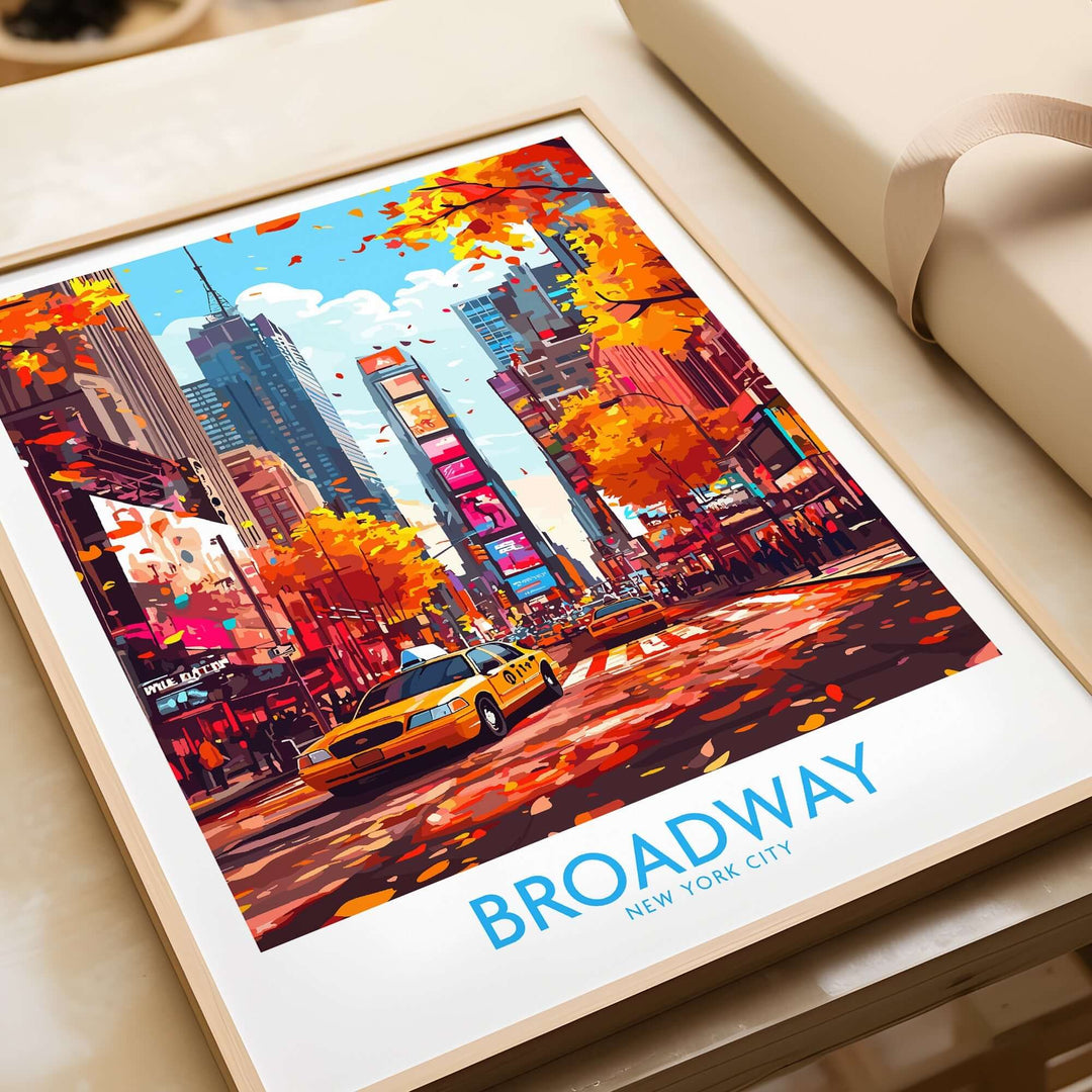 Colorful Broadway Poster featuring a New York City scene with autumn leaves and a yellow taxi cab.