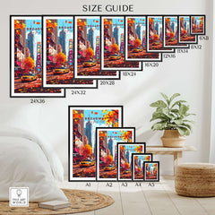 Size guide for Broadway Travel Print in various dimensions displayed on a wall.