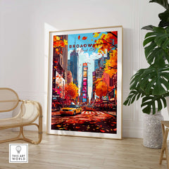 Broadway Travel Print showcasing vibrant NYC autumn scene with taxi and colorful leaves