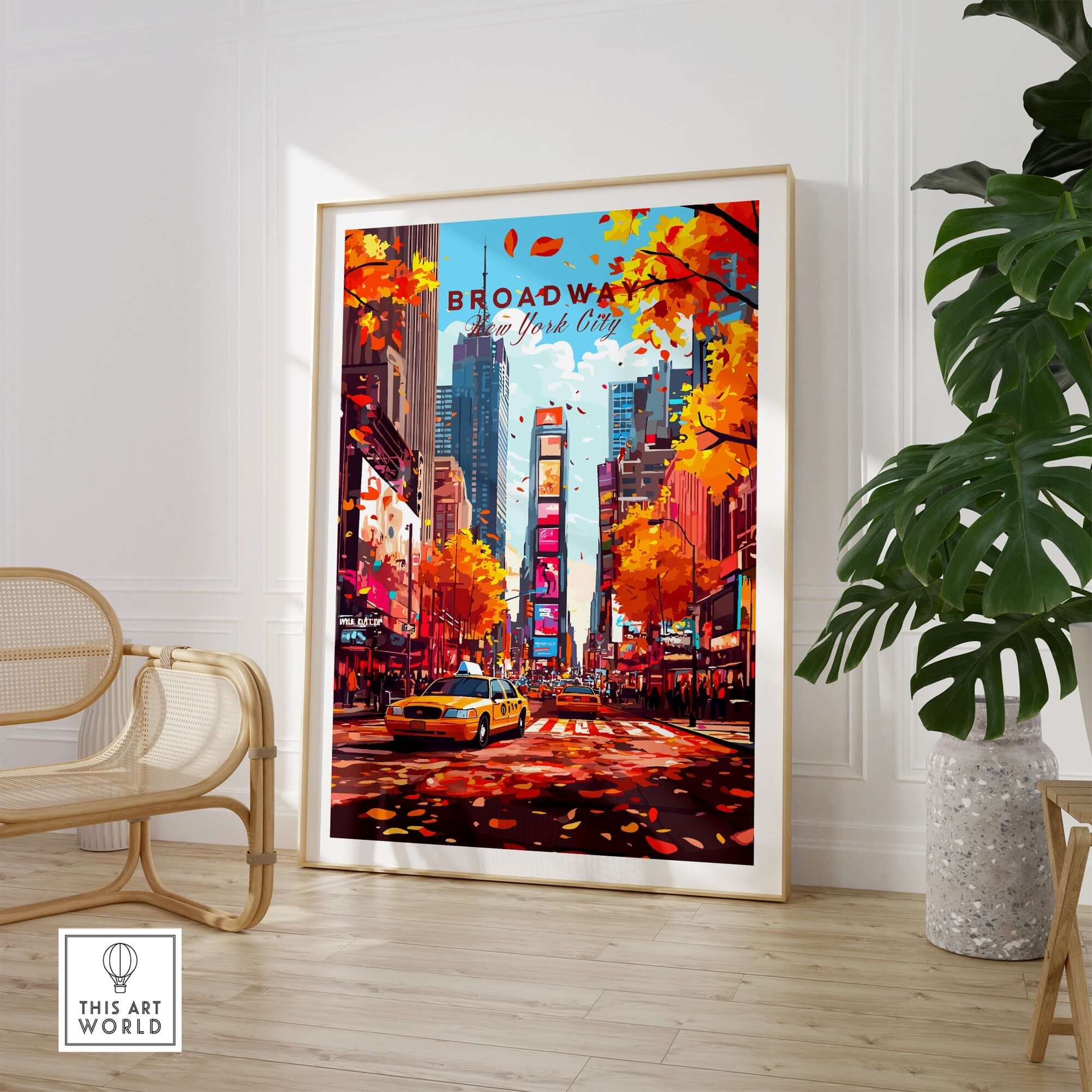 Broadway Travel Print showcasing vibrant NYC autumn scene with taxi and colorful leaves