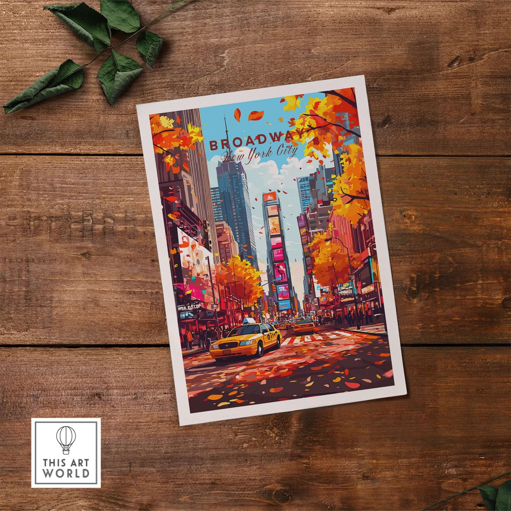 Broadway Travel Print showcasing iconic NYC sights amidst autumn leaves and vibrant city life.