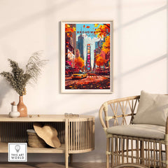 Broadway Travel Print showcasing vibrant New York City streets with autumn leaves and iconic urban scenery.