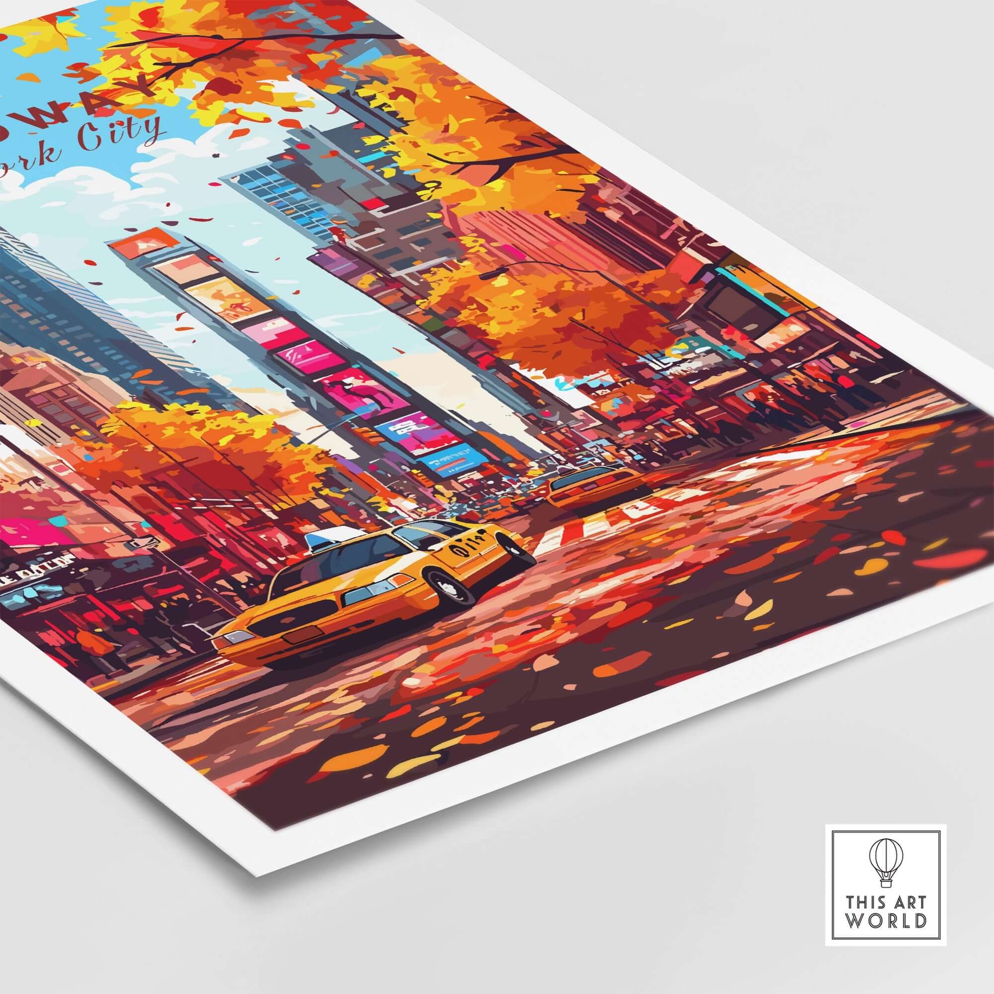 Broadway Travel Print featuring vibrant fall foliage and iconic New York City yellow taxi cabs.