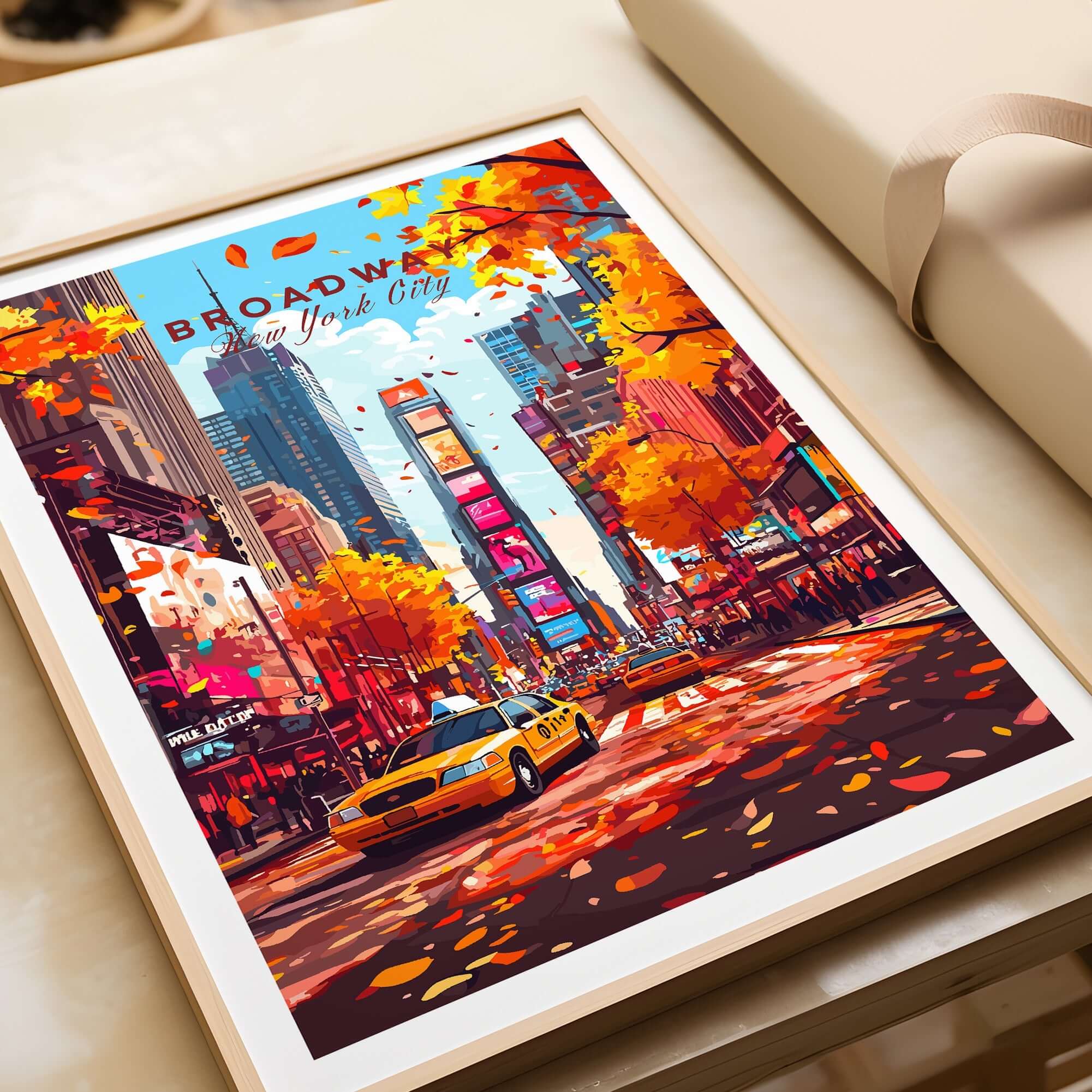Broadway Travel Print featuring autumn leaves and iconic NYC sights with a yellow taxi cab.