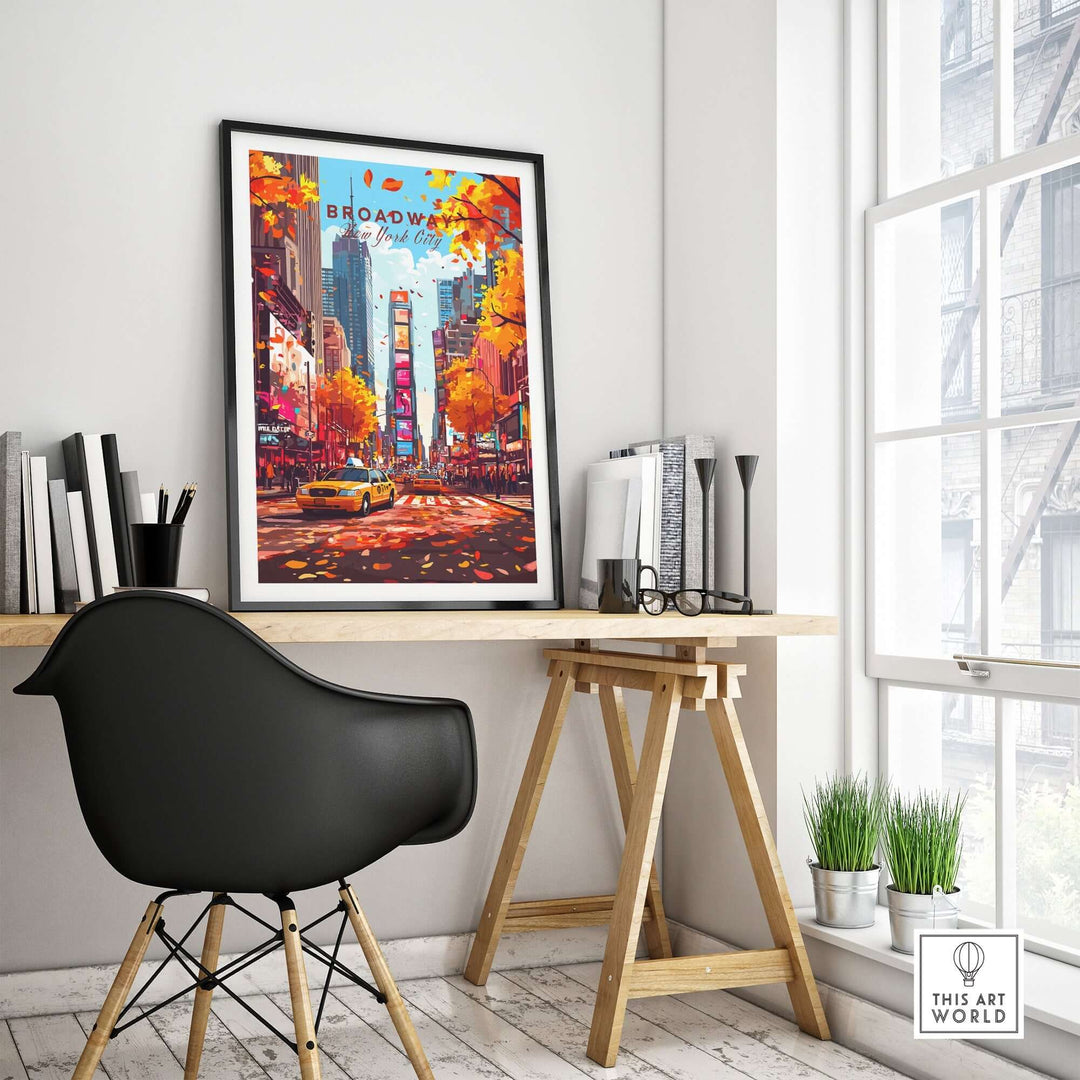 Broadway Travel Print showcasing NYC's vibrant autumn streetscape, perfect for travel enthusiasts and urban lifestyle lovers.