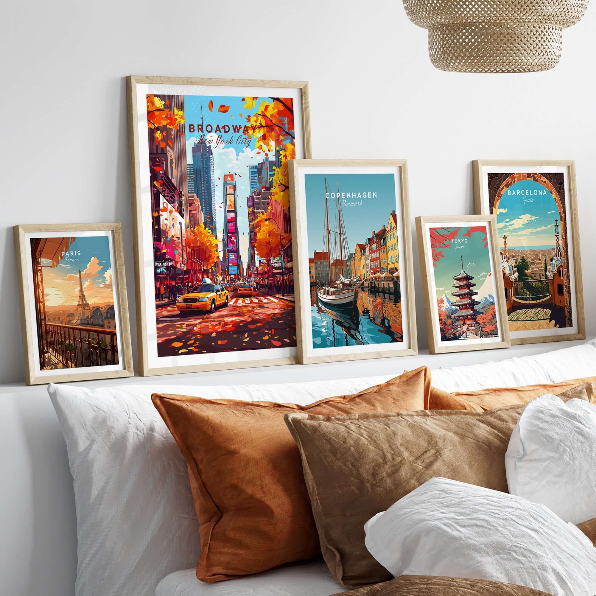 A stylish display of framed Broadway Travel Print and other city prints on a modern wall, adding urban charm to decor.