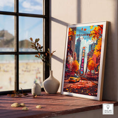 Broadway Travel Print showcasing a vibrant street scene in New York City with autumn leaves and a yellow taxi.