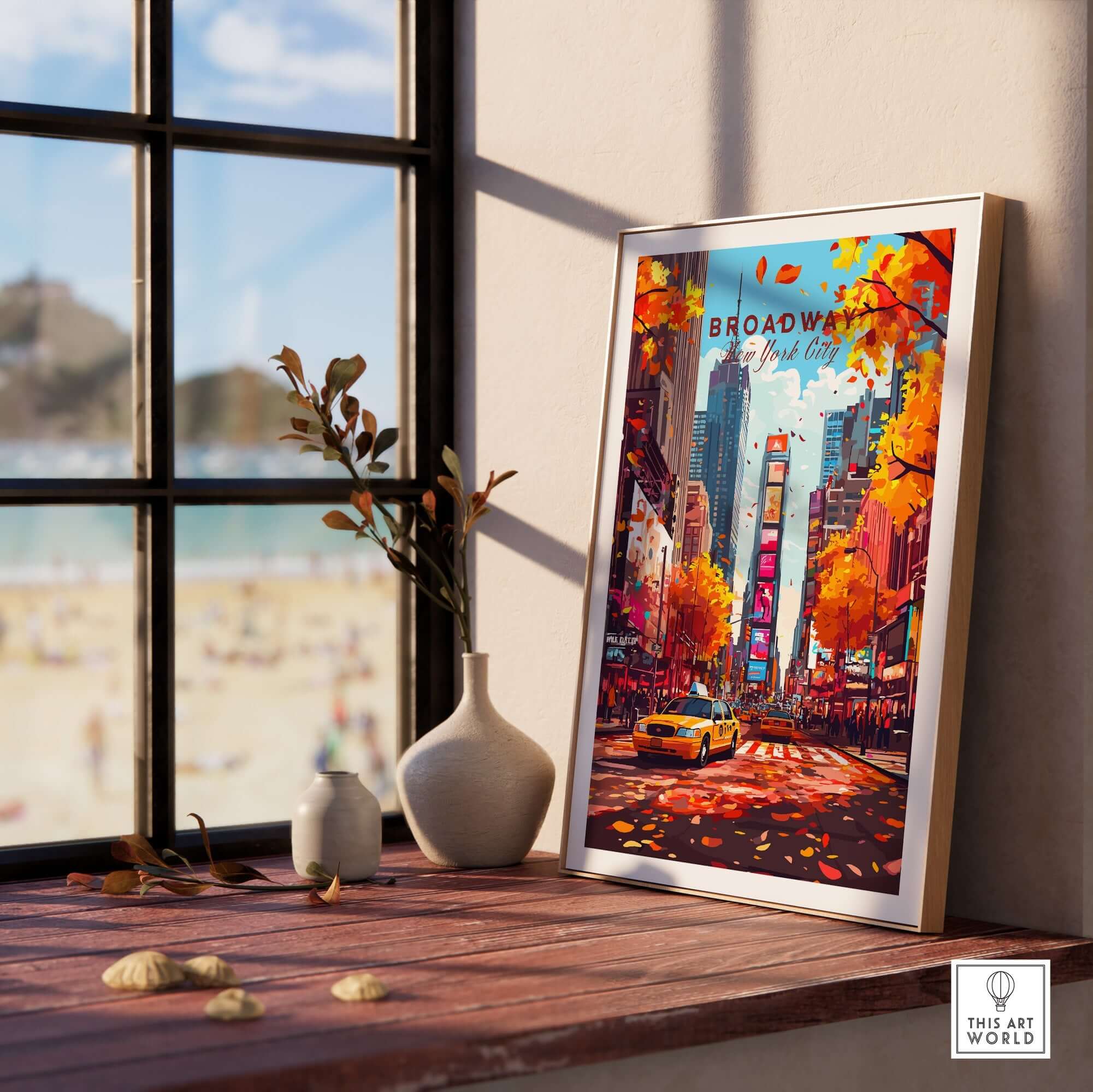 Broadway Travel Print showcasing a vibrant street scene in New York City with autumn leaves and a yellow taxi.