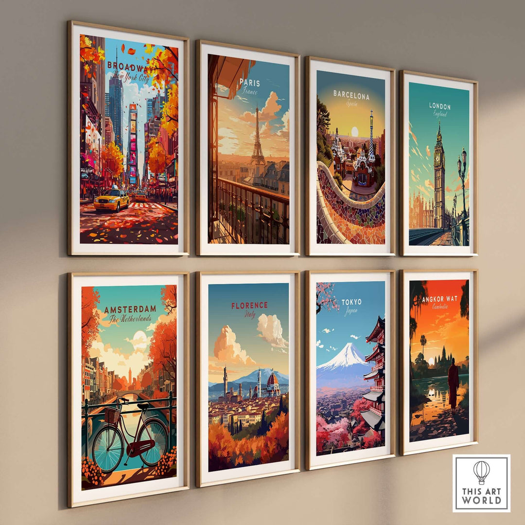 Colorful travel prints of major cities like Broadway, Paris, and Tokyo displayed in stylish frames on a wall.