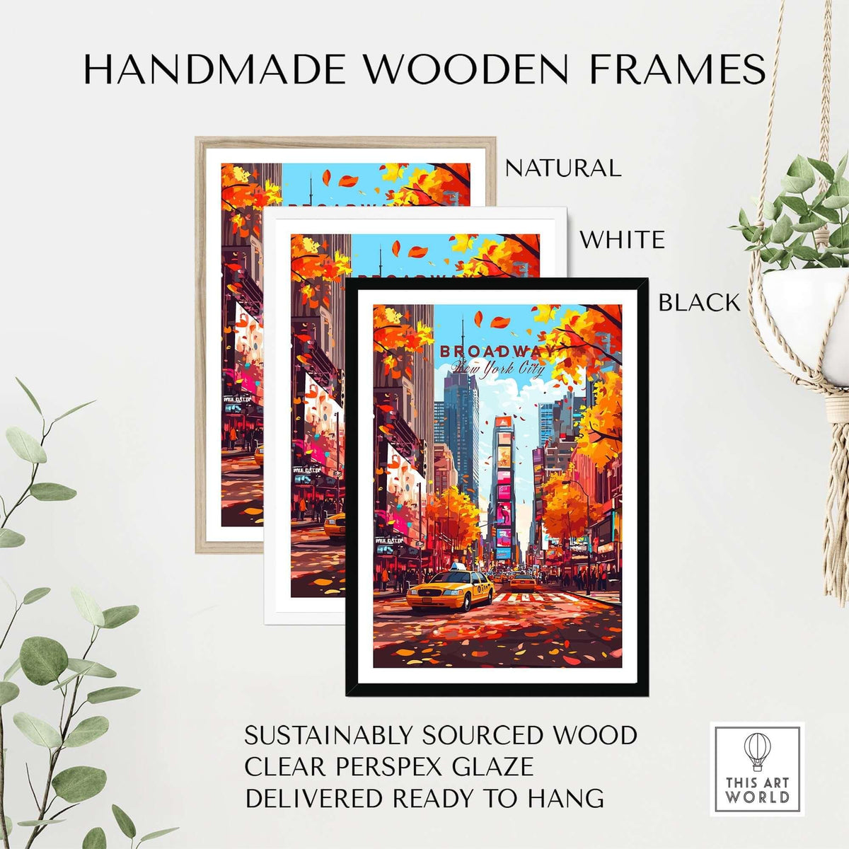 Broadway Travel Print framed in three handmade wooden frames, showcasing NYC's vibrant autumn vibe.
