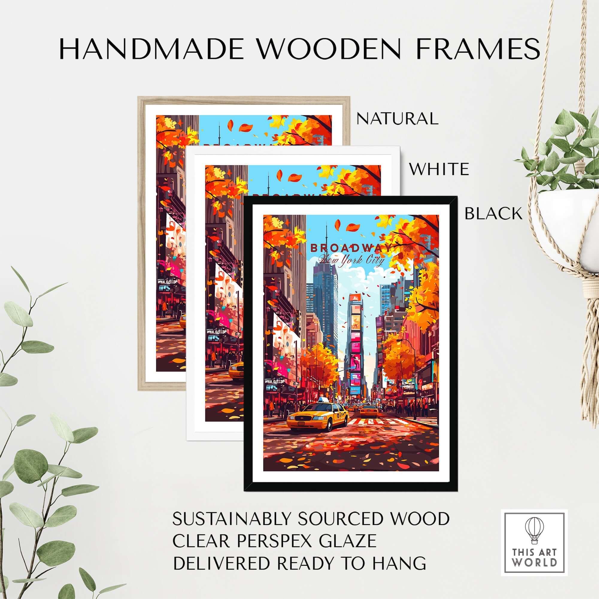 Broadway Travel Print framed in three handmade wooden frames, showcasing NYC's vibrant autumn vibe.