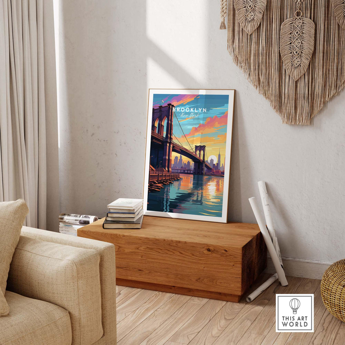 Brooklyn Bridge Print displayed in an elegant living room, showcasing sunset colors and urban charm.