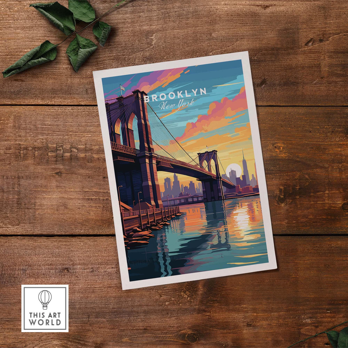Brooklyn Bridge Print showcasing vibrant colors and reflections at sunset over New York City skyline.