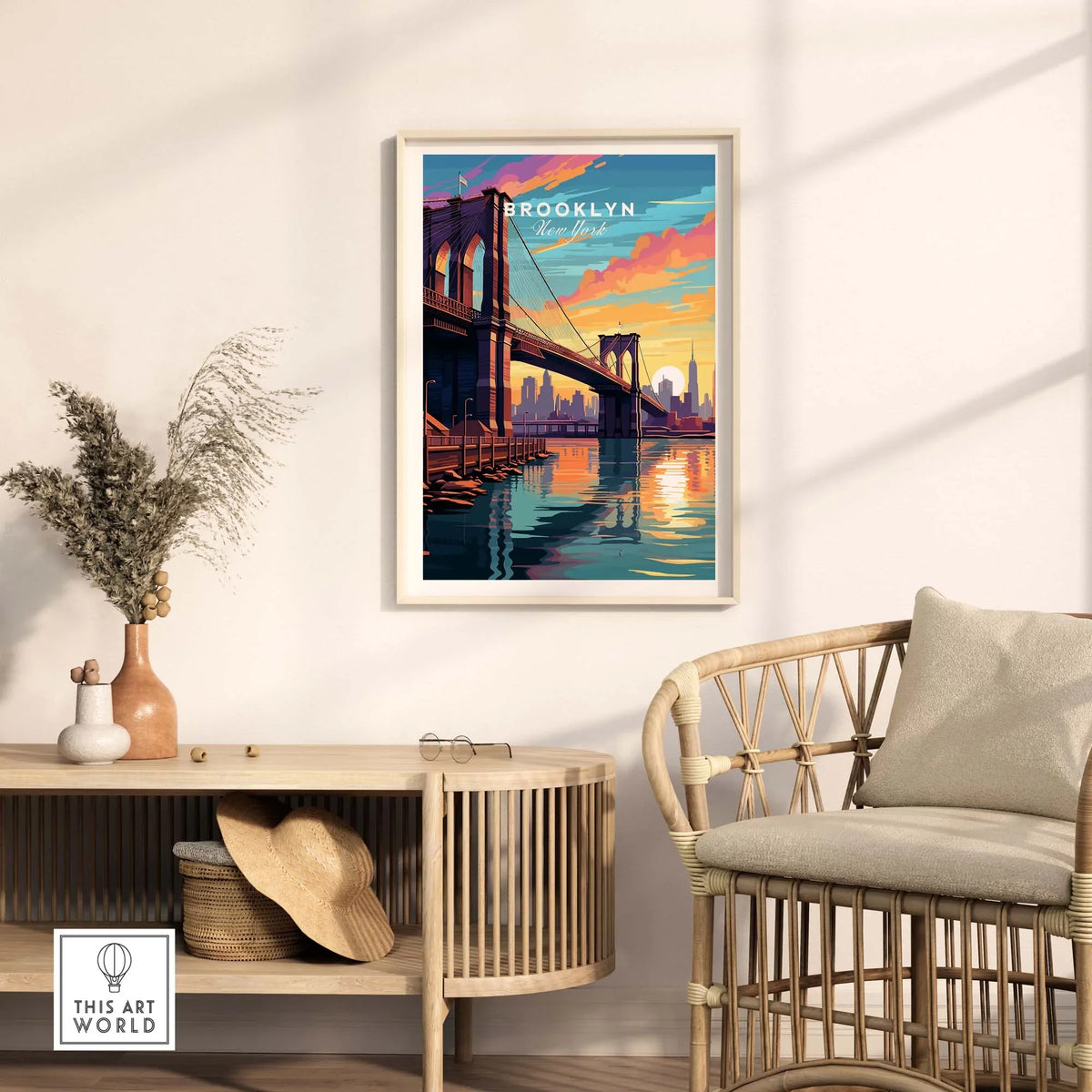 Brooklyn Bridge Print showcasing vibrant sunset colors reflecting on water, enhancing urban charm in a modern space.
