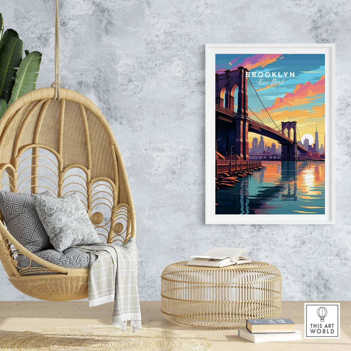 Brooklyn Bridge Print showcasing the iconic bridge at sunset, adding urban charm to any space.