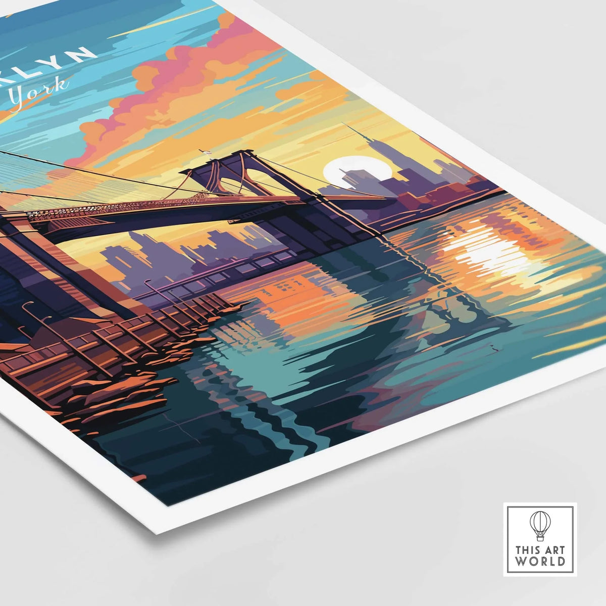 Brooklyn Bridge Print featuring the iconic bridge at sunset, illuminating New York's skyline with warm colors.