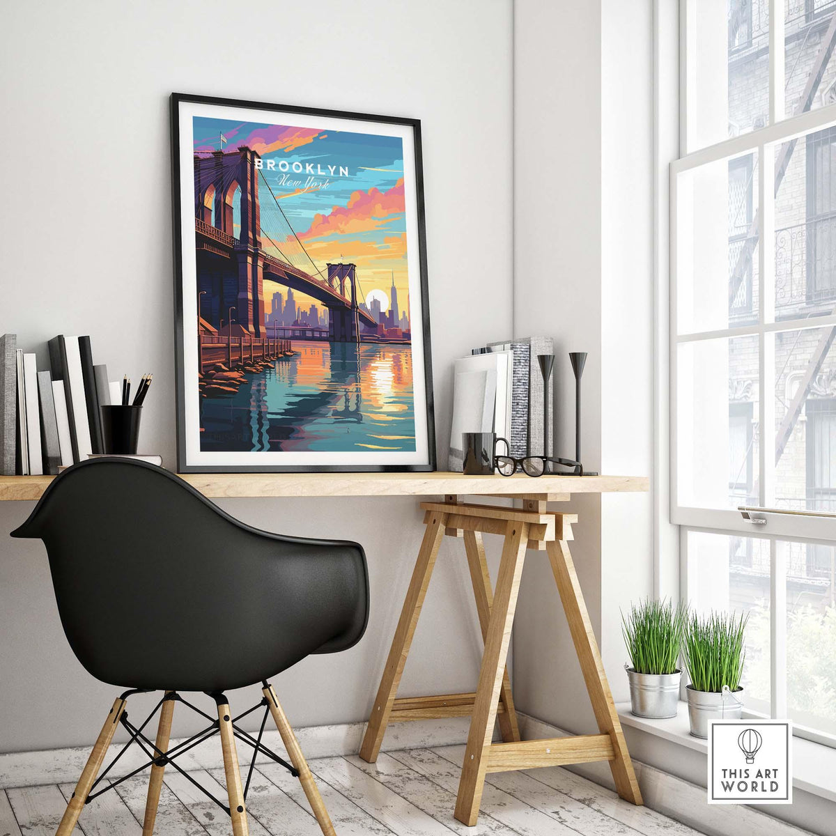 Brooklyn Bridge Print showcasing sunset colors, enhancing urban charm in a stylish workspace.