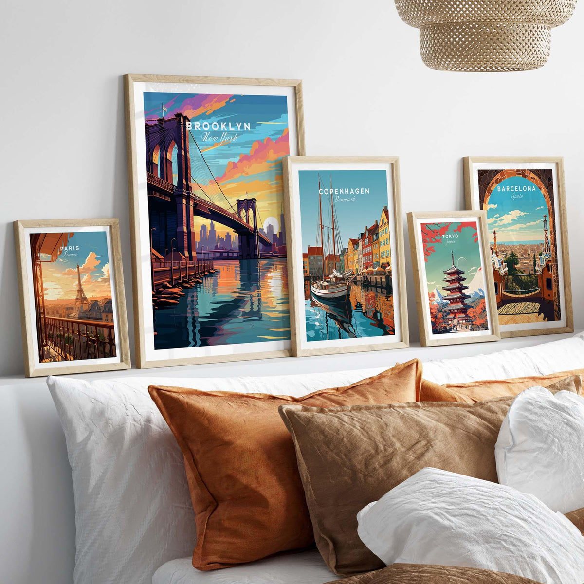 Brooklyn Bridge Print showcased among vibrant cityscape prints on a modern decor setting.