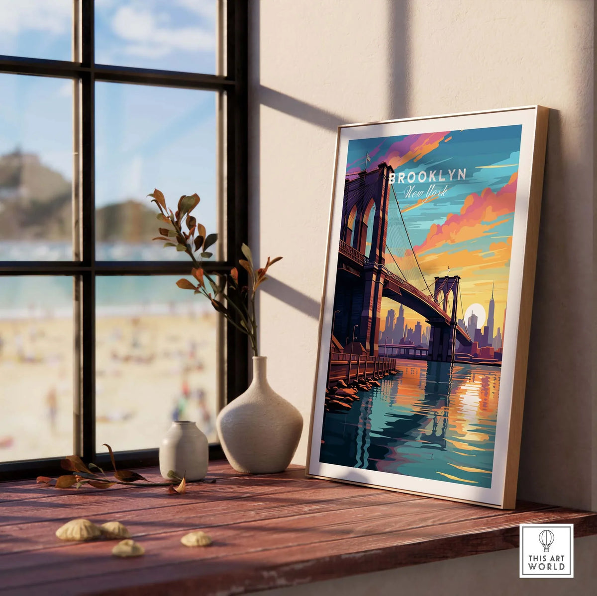 Brooklyn Bridge Print featuring colorful sunset reflections in a stylish interior setting.