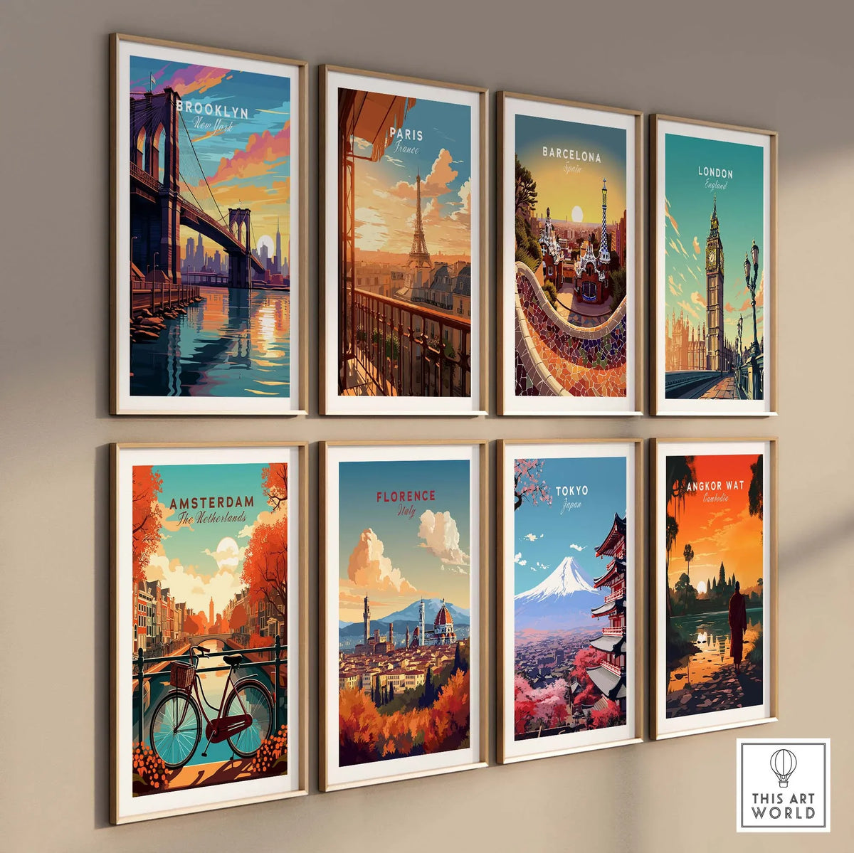 Brooklyn Bridge Print and other city skyline art prints displayed in a stylish gallery wall arrangement.