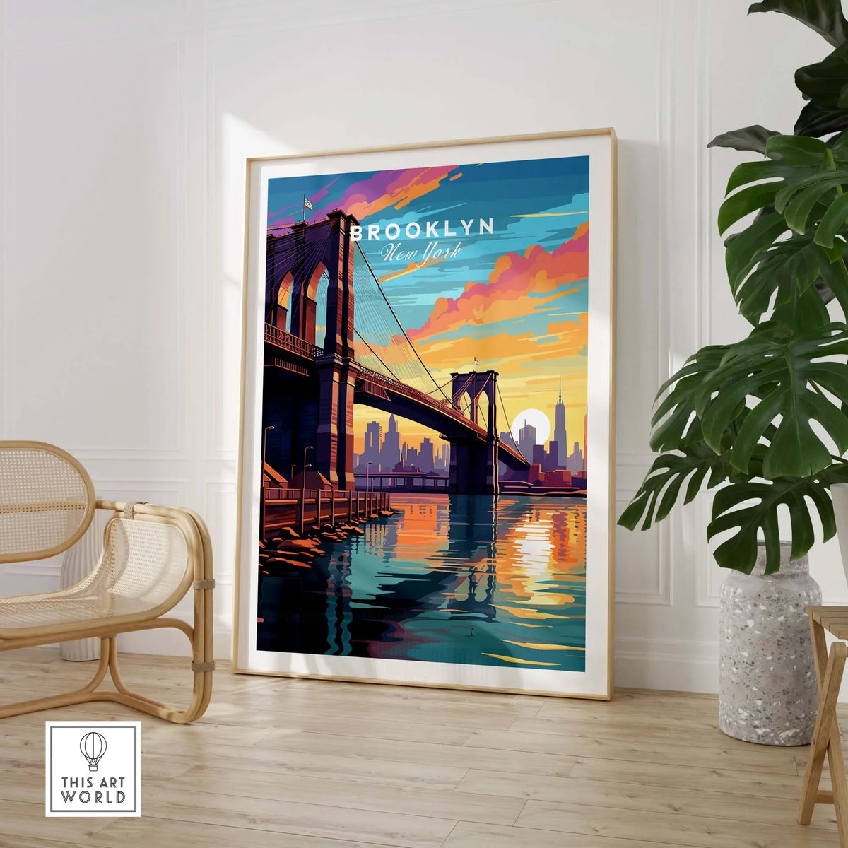 Brooklyn Bridge Print featuring vibrant sunset colors and reflecting water in a stylish room setting.