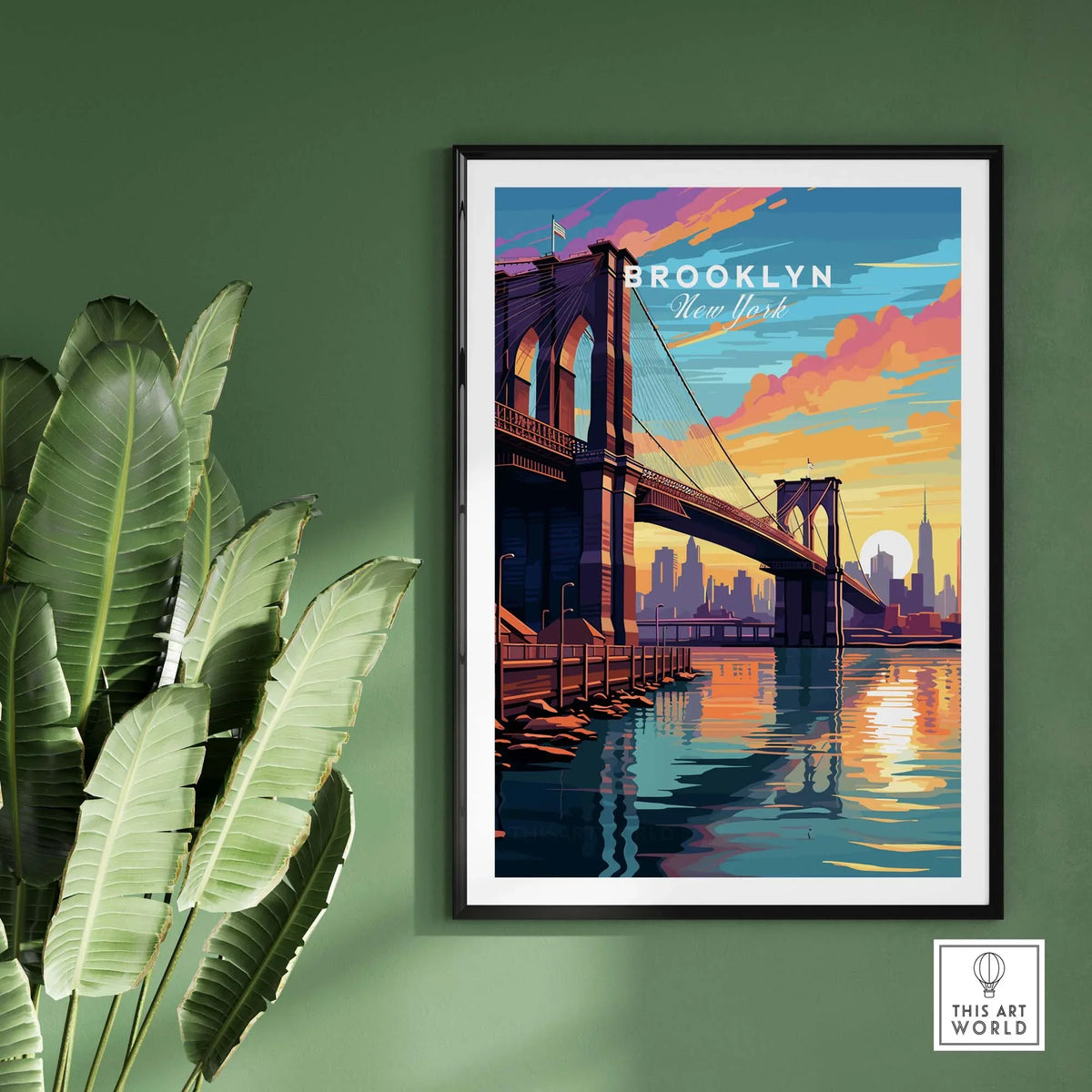 Brooklyn Bridge Print featuring the stunning sunset over the iconic Brooklyn Bridge with vibrant colors.