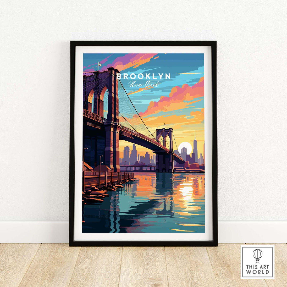 Brooklyn Bridge Print showcasing the New York skyline at sunset with vibrant colors and urban charm.