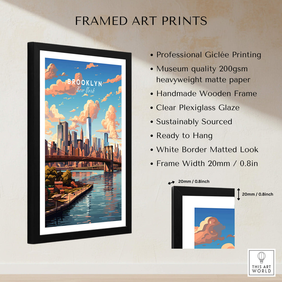 Framed Brooklyn Print showcasing urban elegance and iconic architecture with a handmade wooden frame.