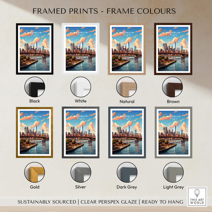 Brooklyn Print framed print options in various colors including black, white, natural, brown, gold, silver, dark grey, and light grey.