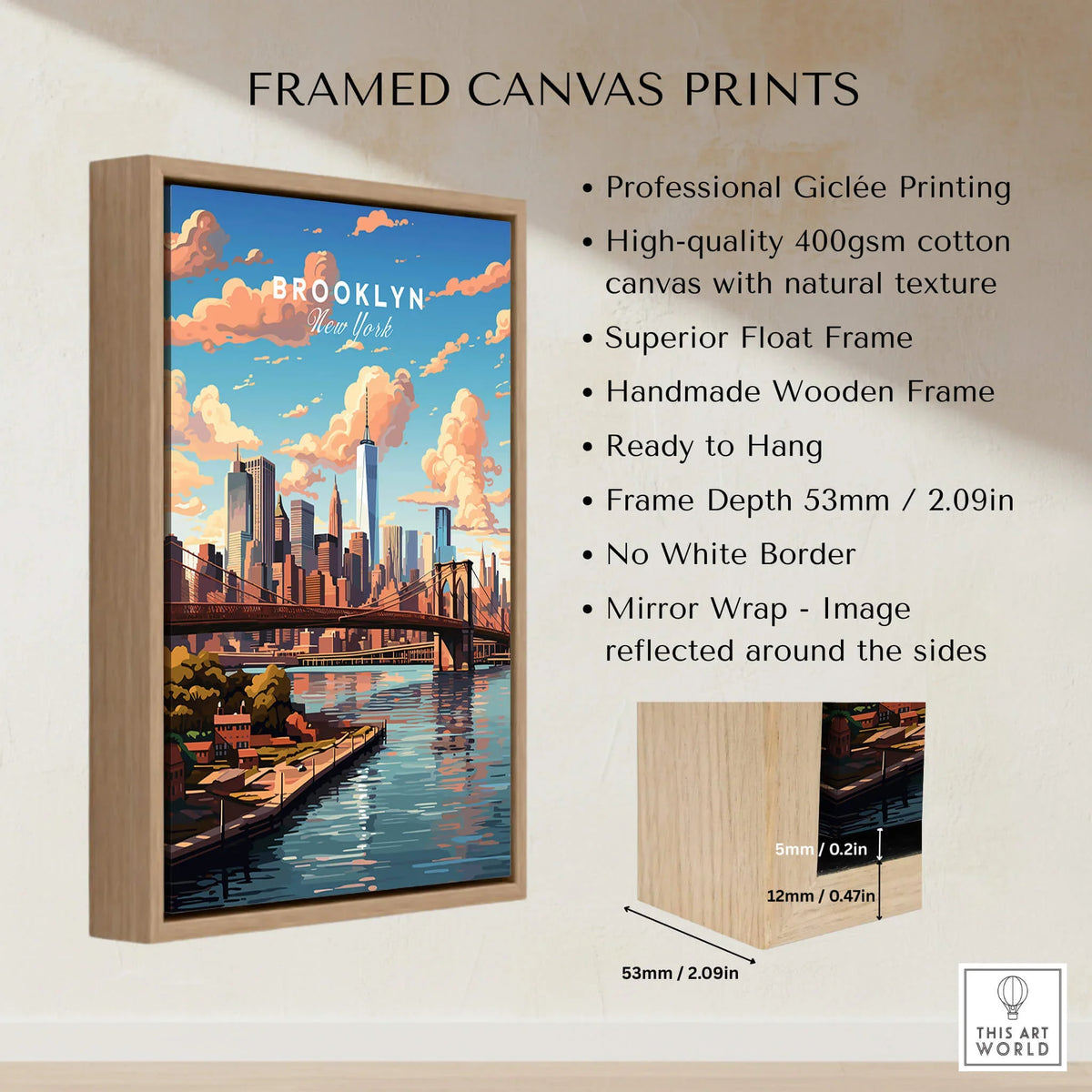 Brooklyn Print framed canvas print showcasing urban elegance and iconic bridge design features.