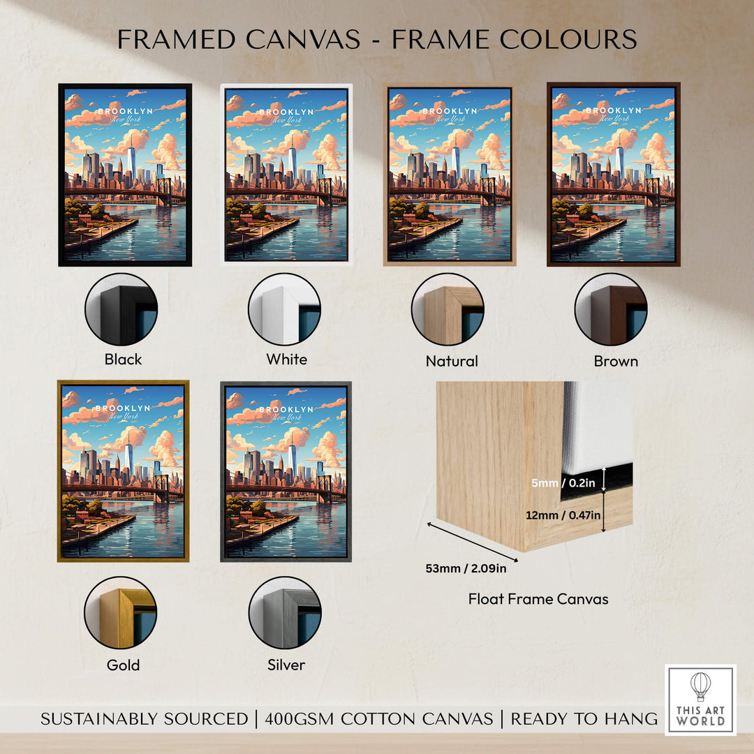 Brooklyn Print framed canvas options in various colors including black, white, natural, brown, gold, and silver.