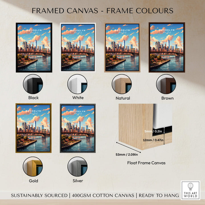Brooklyn Print framed canvas options in various colors including black, white, natural, brown, gold, and silver.