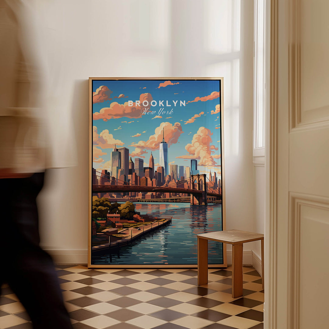 Brooklyn Print featuring the iconic Brooklyn Bridge in an urban setting with vibrant colors and skyline.