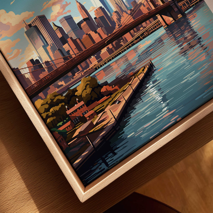 Brooklyn Print of the iconic bridge and urban skyline reflecting on water in vibrant colors.