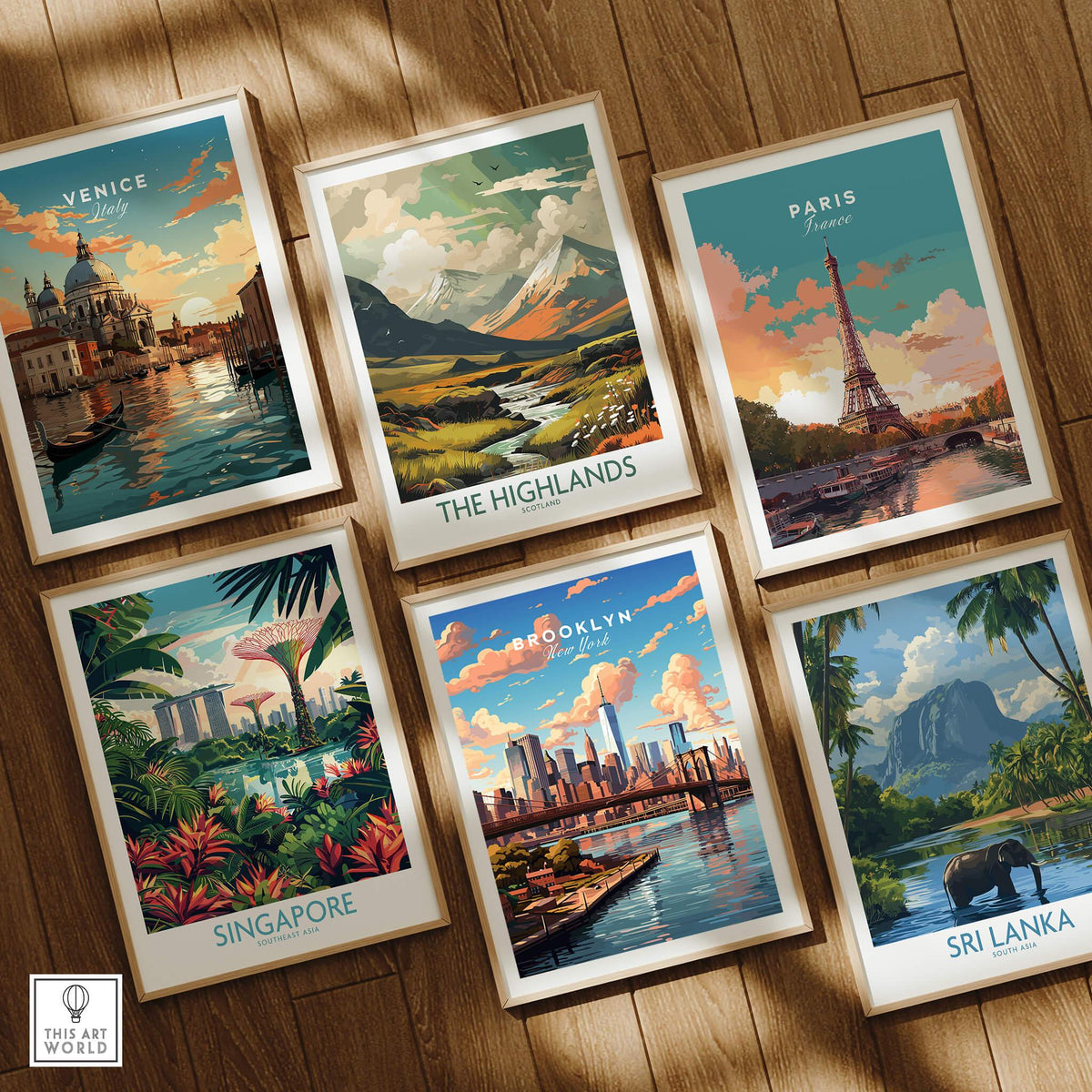 Collection of travel prints featuring Venice, The Highlands, Paris, Singapore, Brooklyn, and Sri Lanka.